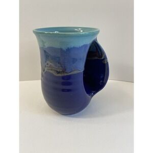 Neher Pottery Right Handed Hand Warmer Mug Turquoise and Royal Glaze Signed 2014